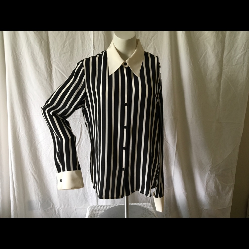 Silk Long Sleeved Cuffed Stripe Blouse